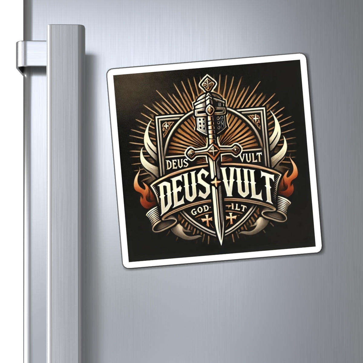 Deus Vult Crusader Sword Magnet — Medieval Knight Emblem Fridge Sticker