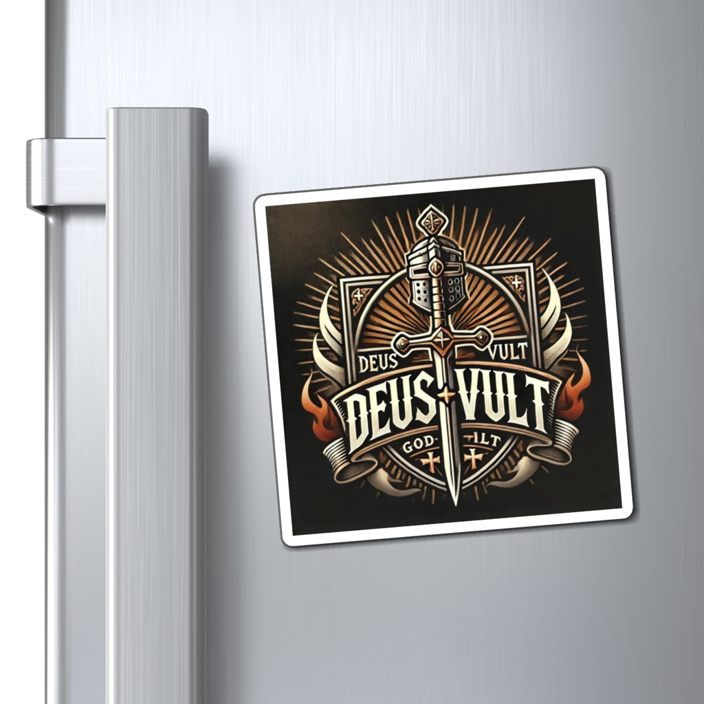 Deus Vult Crusader Sword Magnet — Medieval Knight Emblem Fridge Sticker