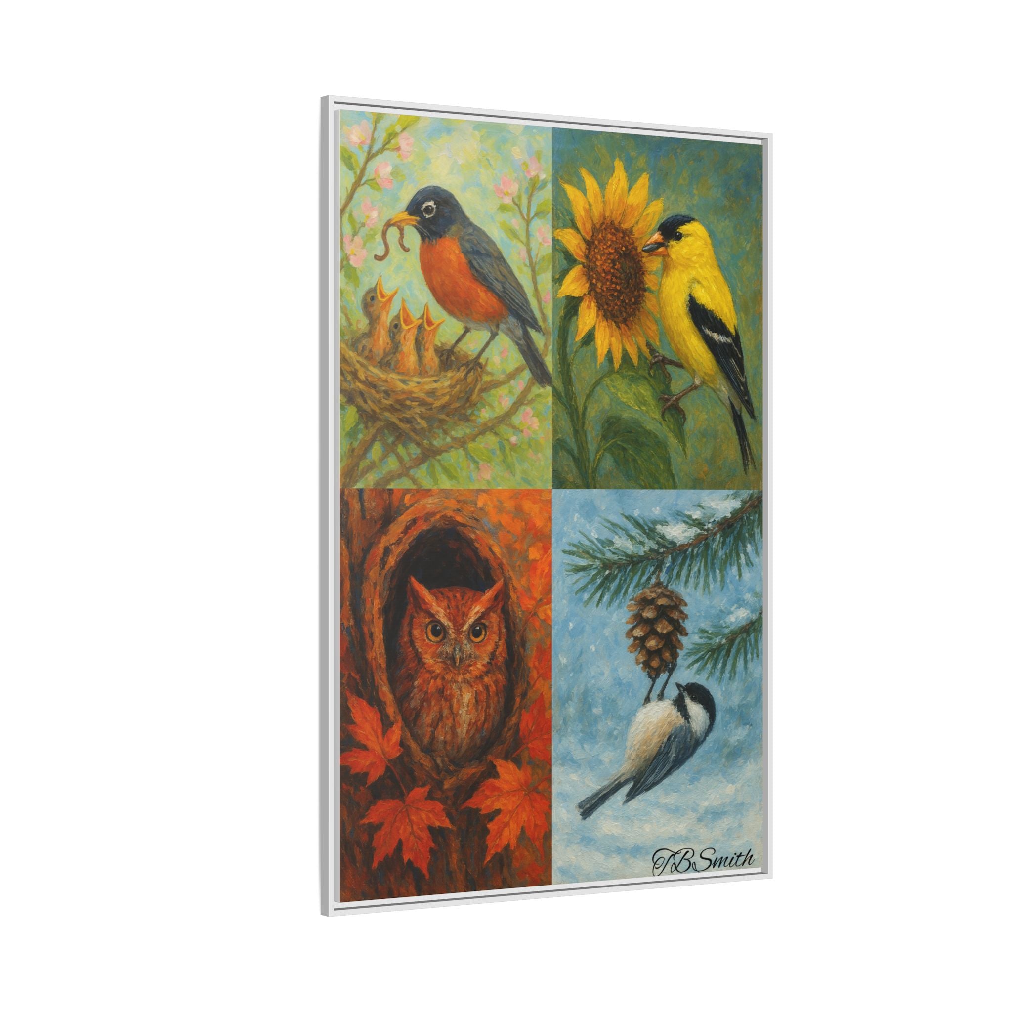 Framed Bird Trio Matte Canvas Art – Spring & Autumn Songbirds