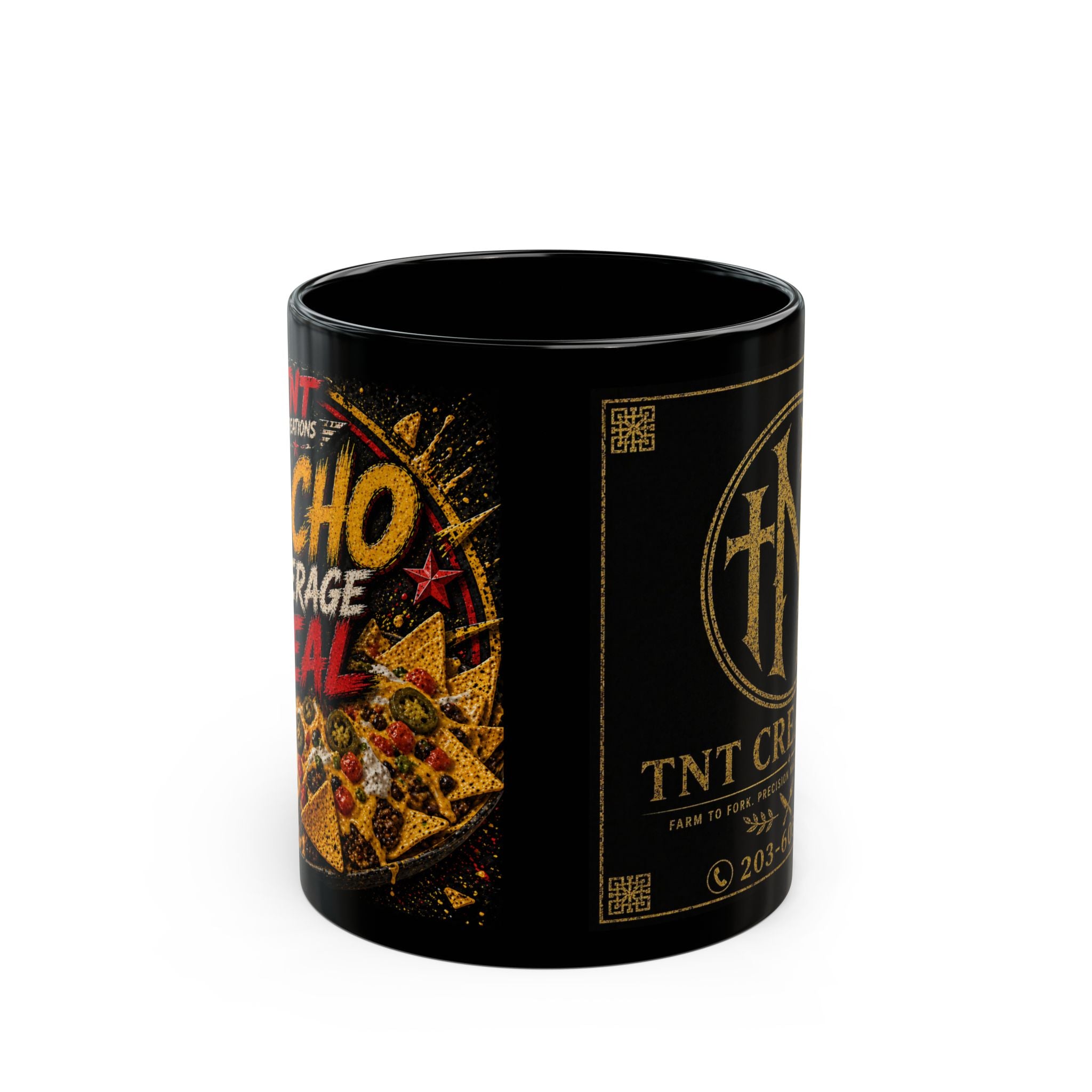 TNT Creations Black Ceramic Mug — Bold Gold Logo Coffee Cup (11oz & 15oz)