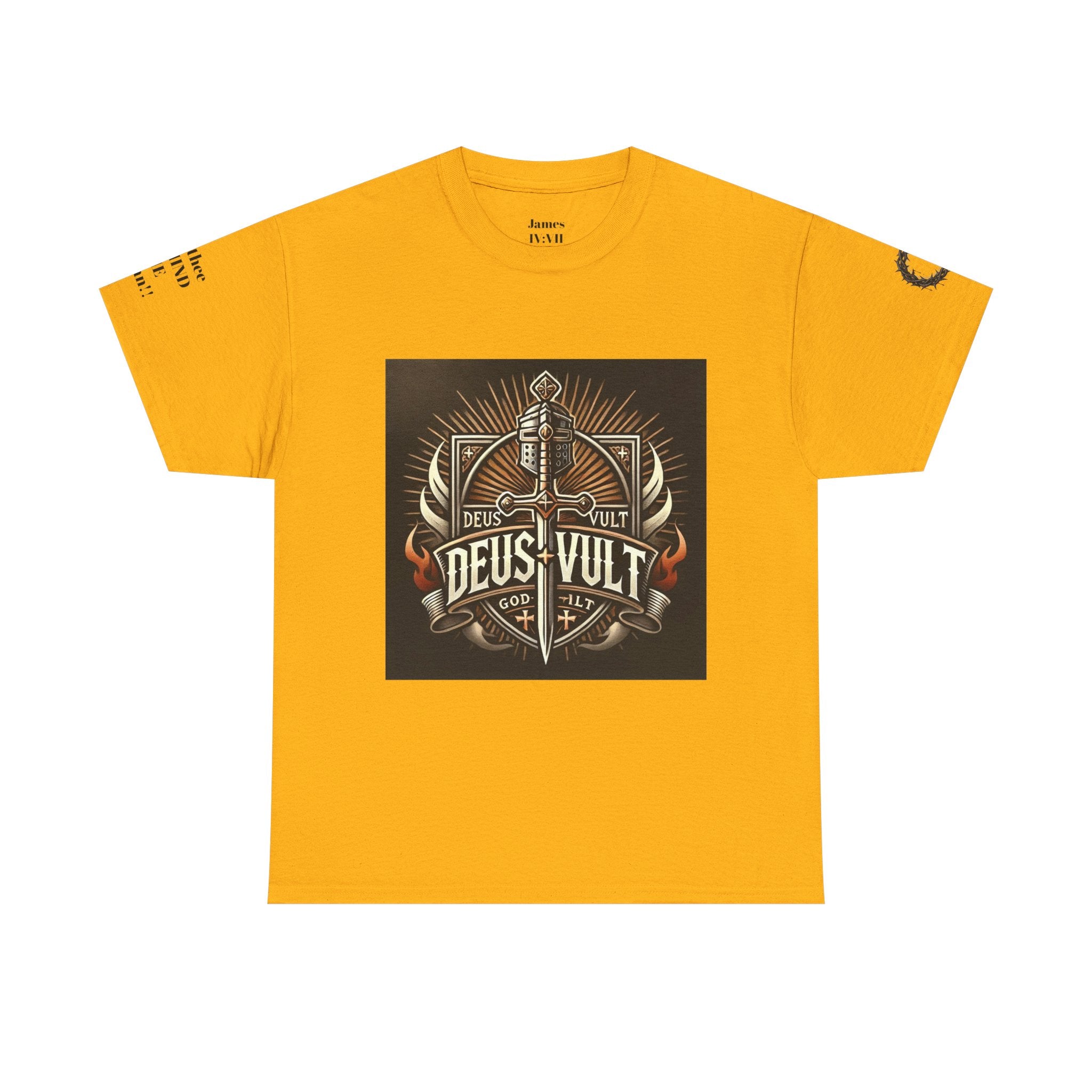 Deus Vult Sword T‑Shirt — Crusader Vintage Shield Design