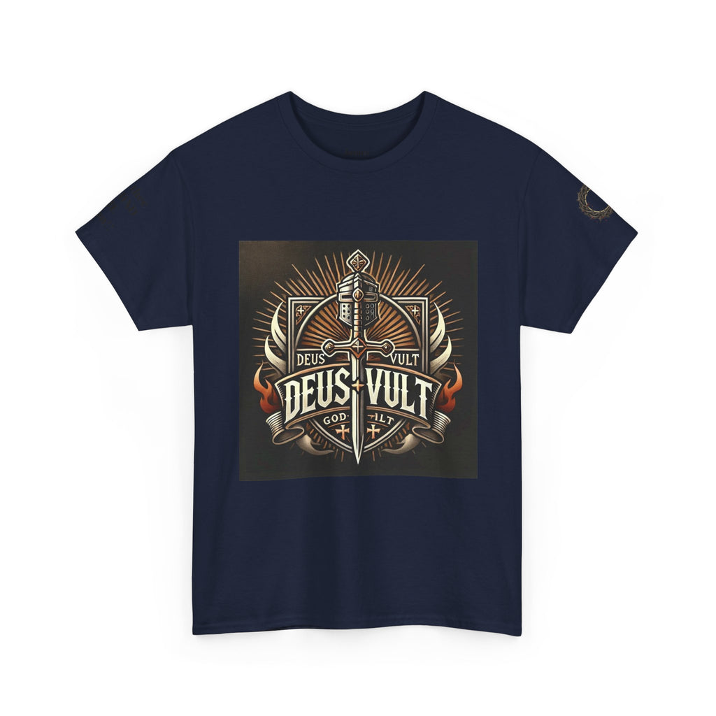 Deus Vult Sword T‑Shirt — Crusader Vintage Shield Design