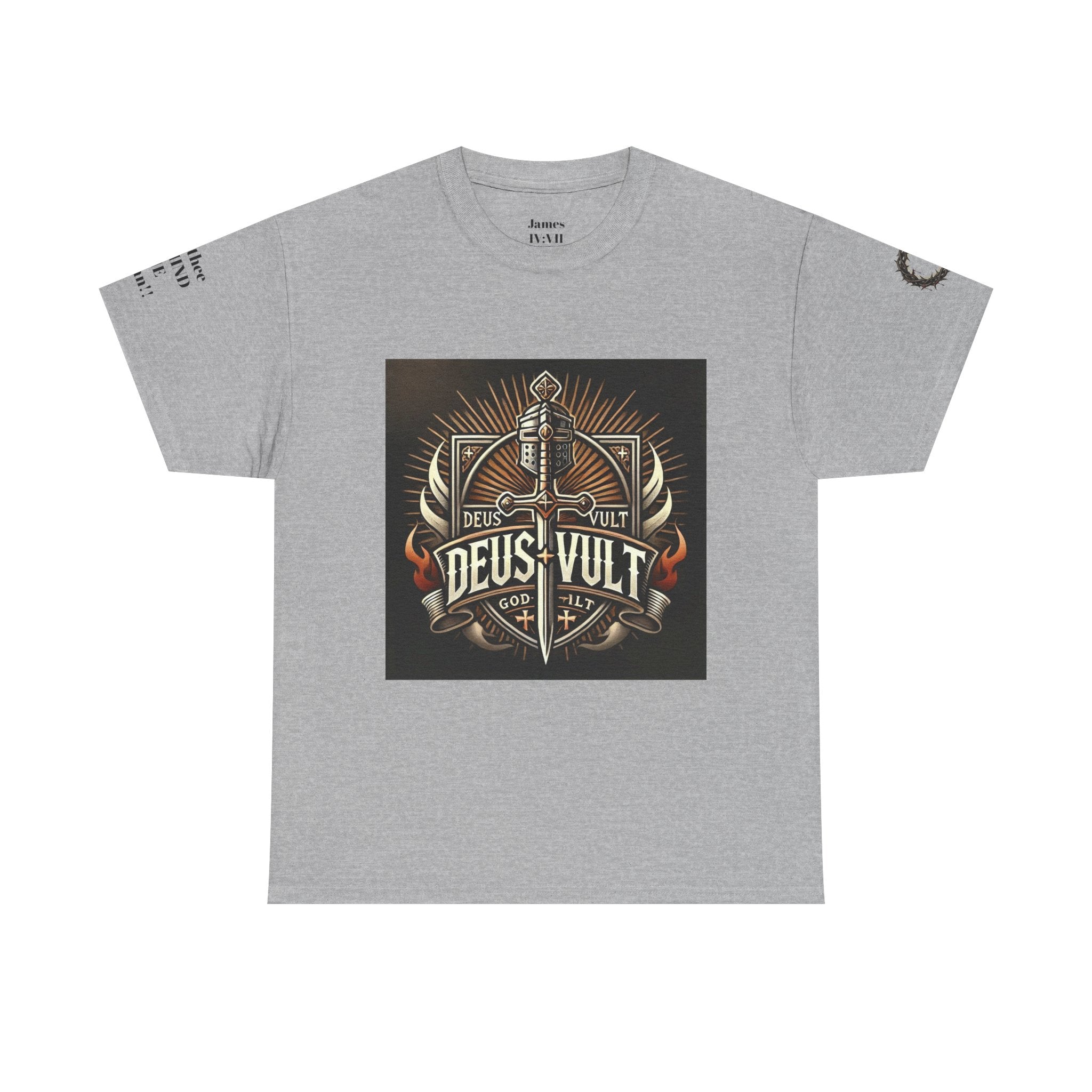 Deus Vult Sword T‑Shirt — Crusader Vintage Shield Design