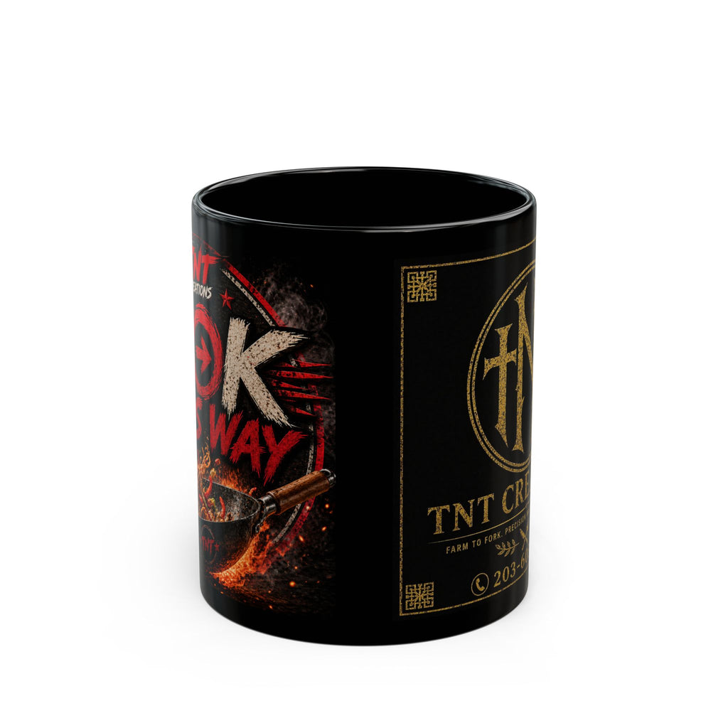 TNT Creations Logo Black Mug — 11oz/15oz Coffee Cup with Rustic Gold Emblem