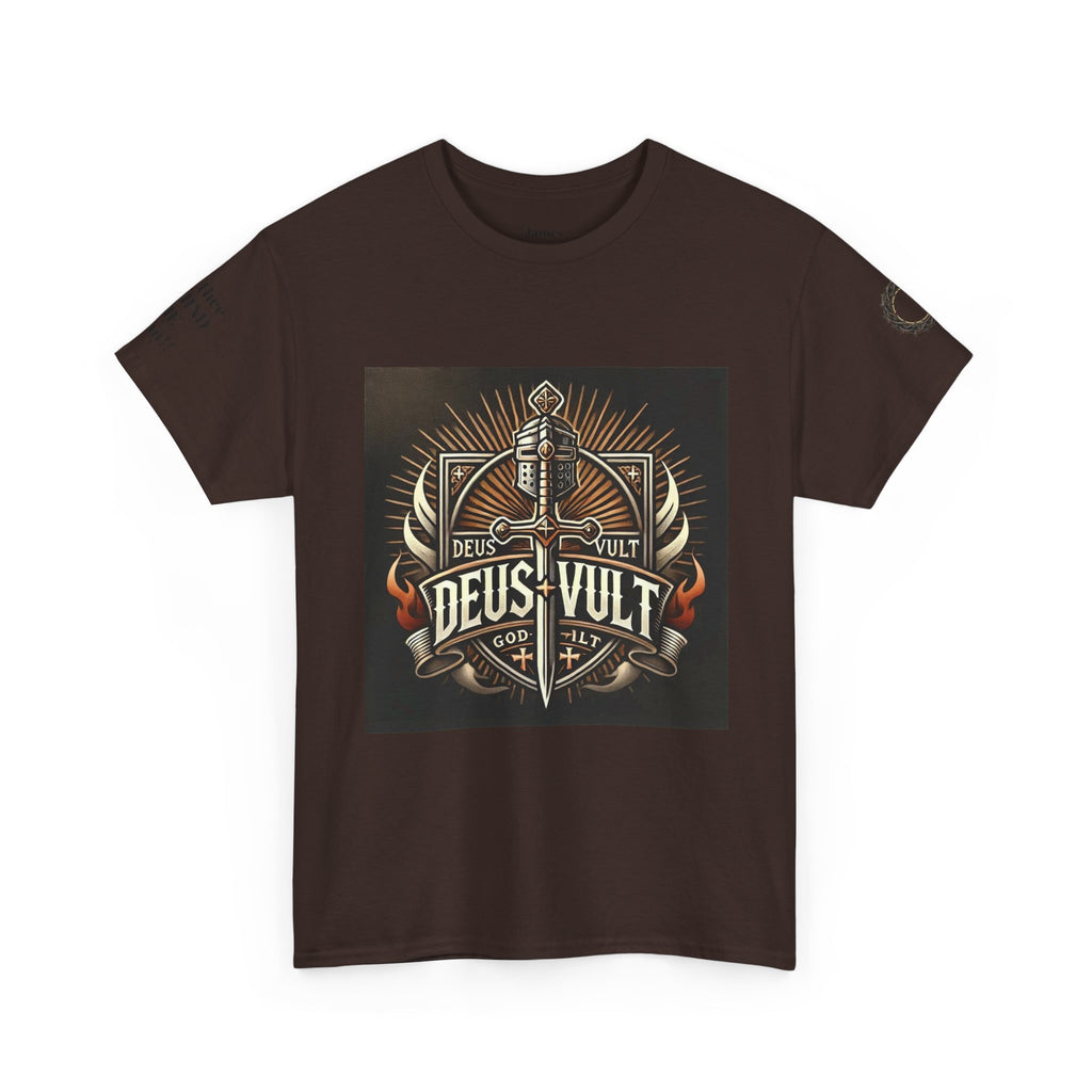 Deus Vult Sword T‑Shirt — Crusader Vintage Shield Design