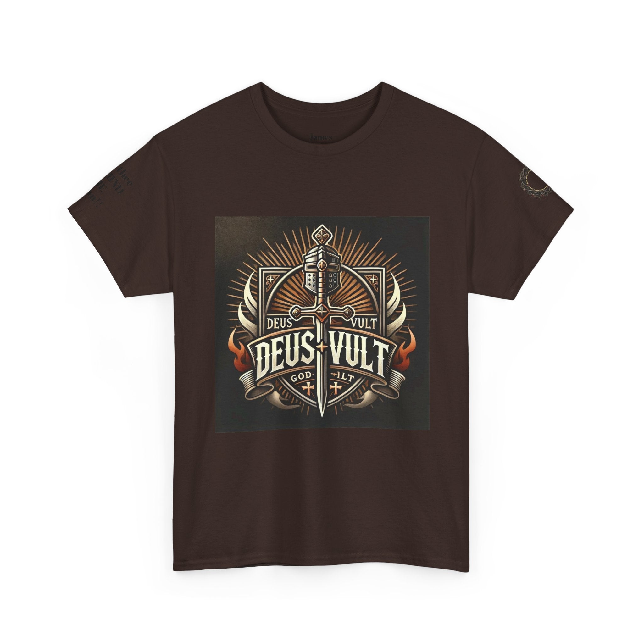 Deus Vult Sword T‑Shirt — Crusader Vintage Shield Design