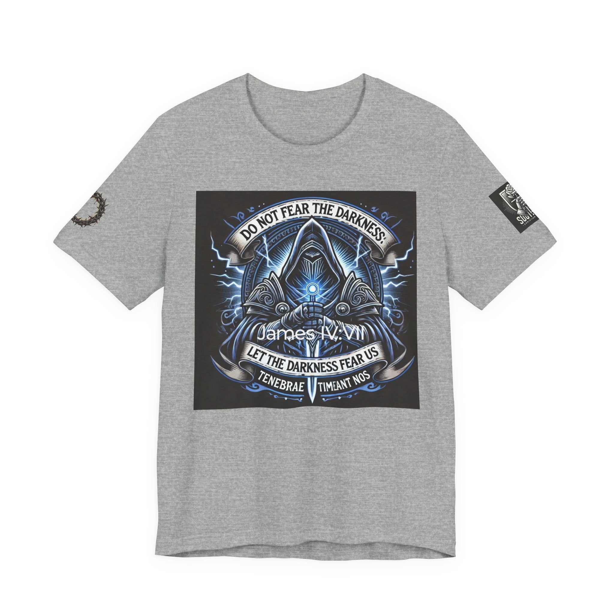 Do Not Fear the Darkness Graphic Tee — 'James IV:VII' Hooded Figure Shirt