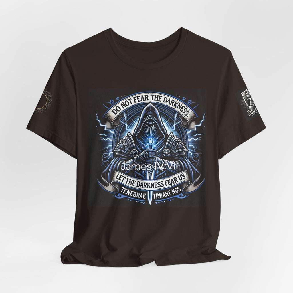Do Not Fear the Darkness Graphic Tee — 'James IV:VII' Hooded Figure Shirt