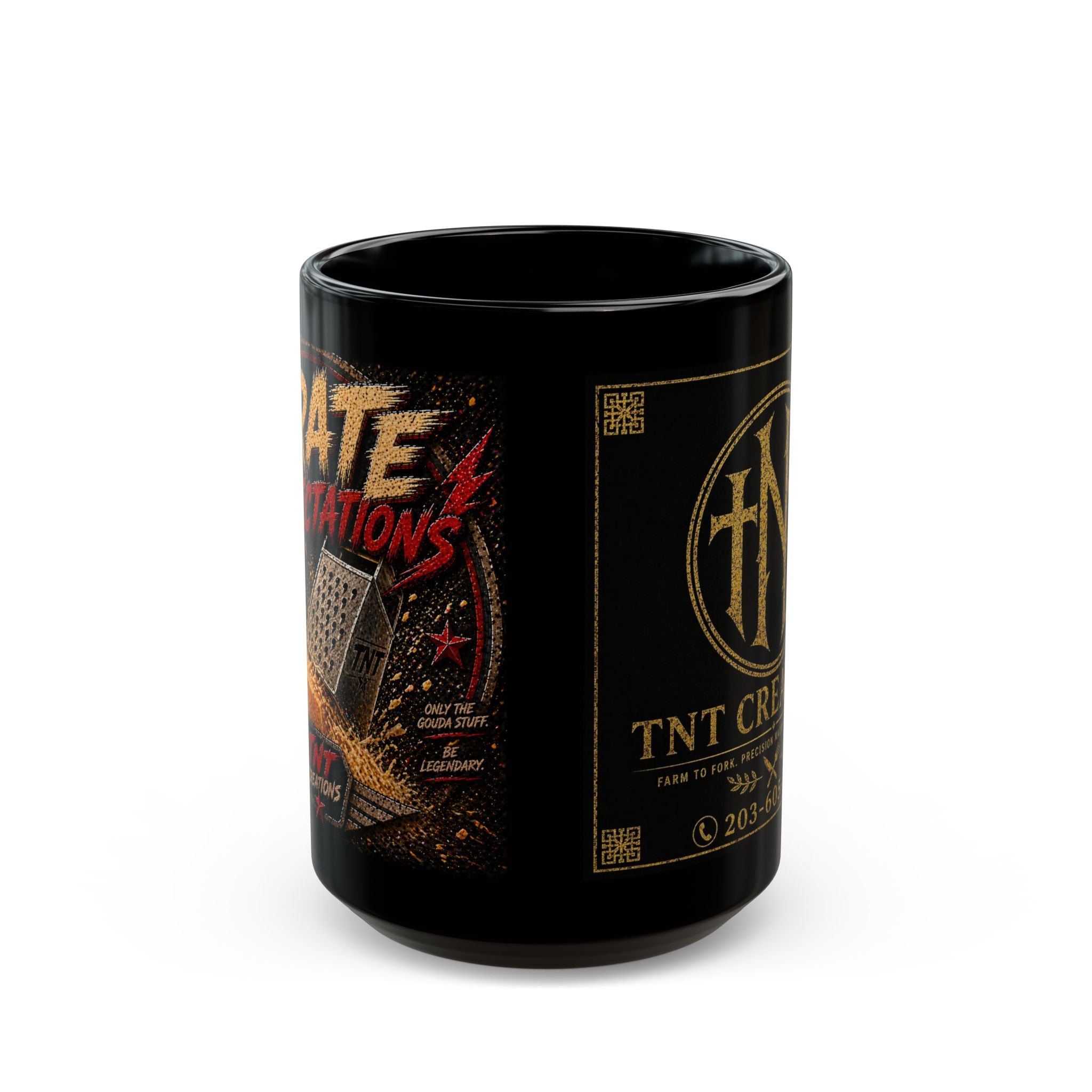 TNT Creations Black Logo Mug — 11oz/15oz Gold Emblem Coffee Cup