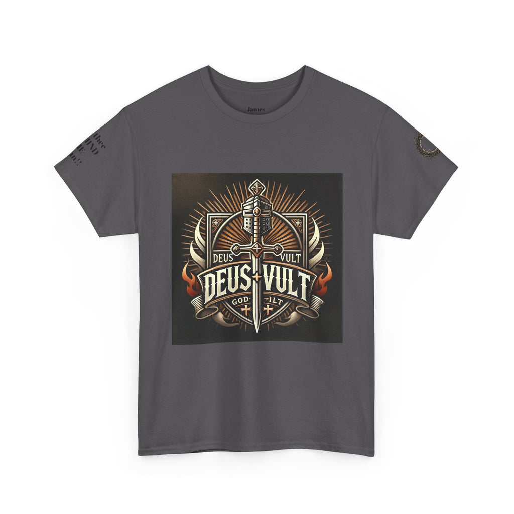 Deus Vult Sword T‑Shirt — Crusader Vintage Shield Design