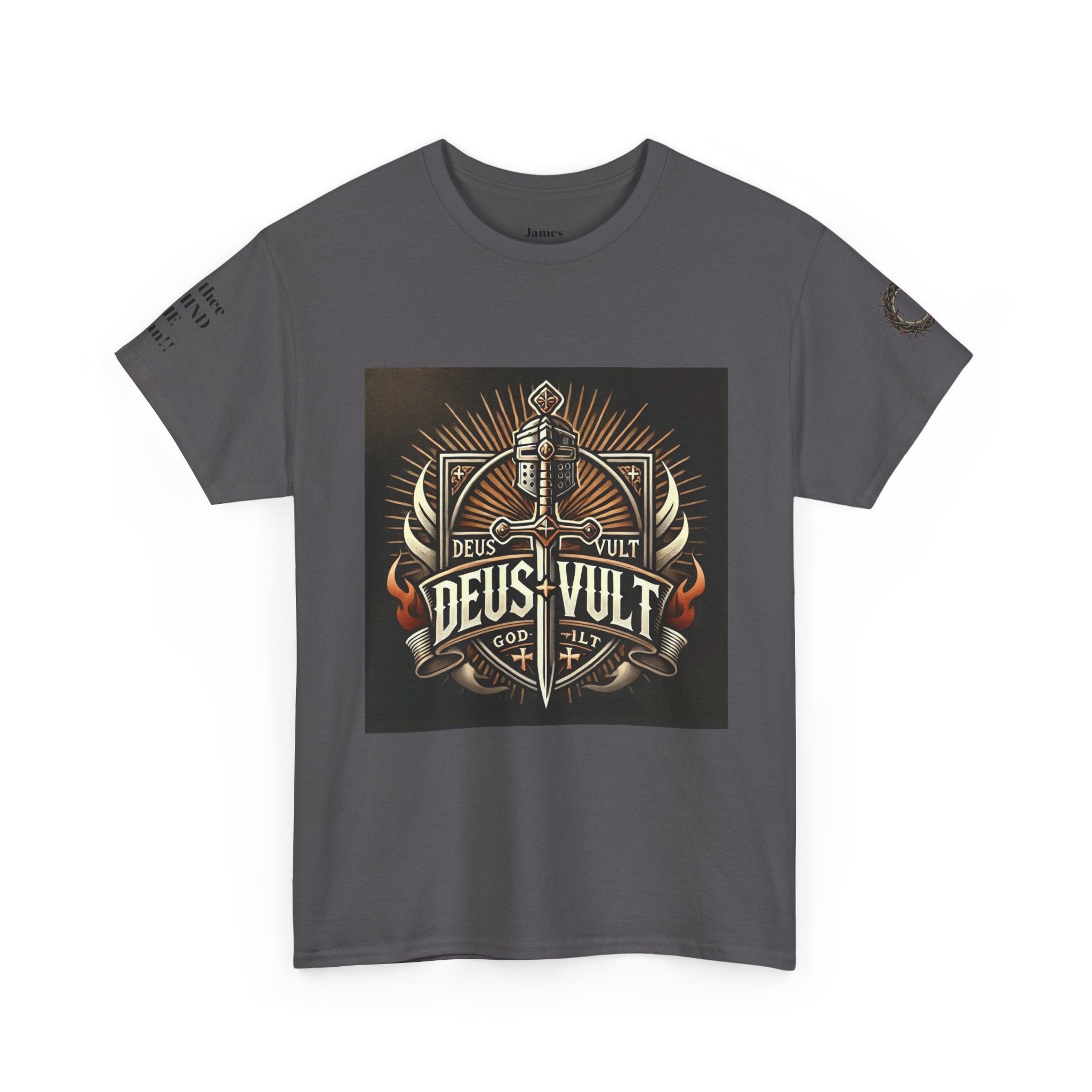 Deus Vult Sword T‑Shirt — Crusader Vintage Shield Design