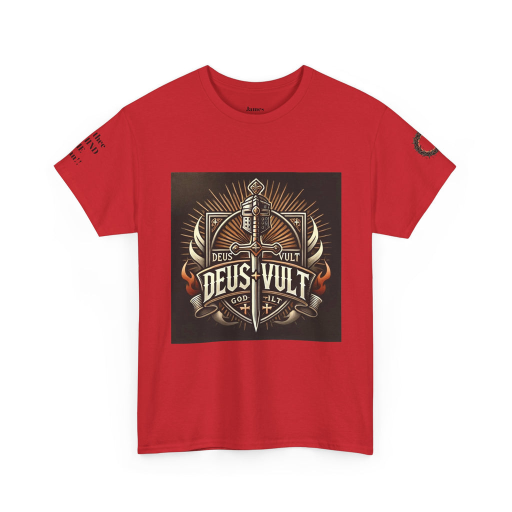 Deus Vult Sword T‑Shirt — Crusader Vintage Shield Design