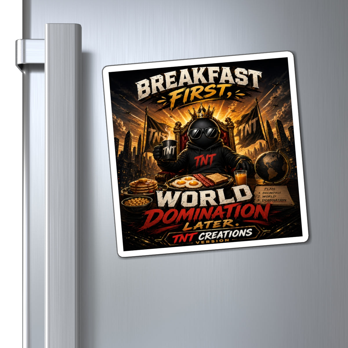 Breakfast First World Domination Magnet — Funny Breakfast Quote Fridge Magnet