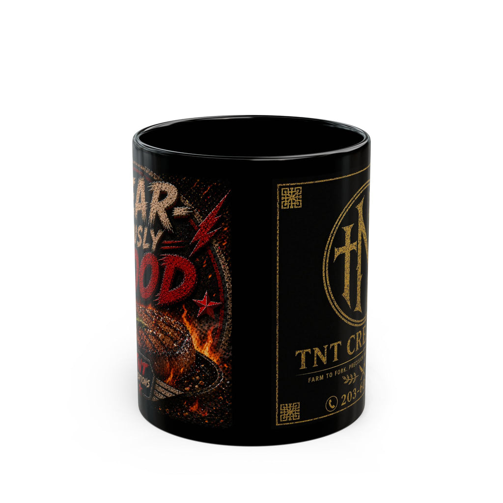 Black Ceramic Mug — TNT Creations Logo & Horror Flame Design (11oz, 15oz)