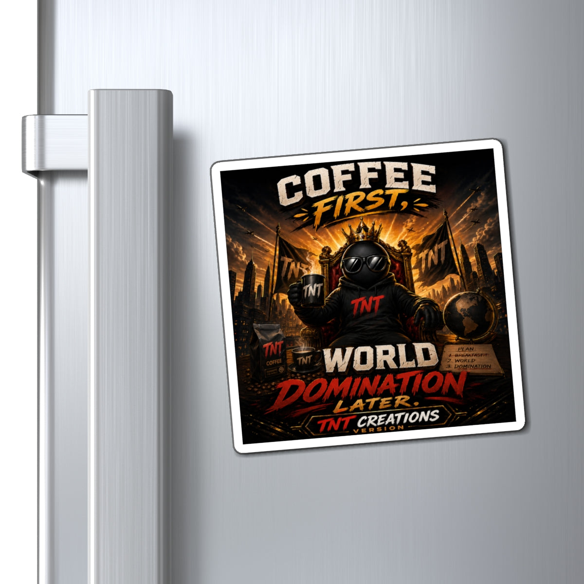 Coffee First Magnet — "World Domination Later" Retro Espresso Kitchen Magnet