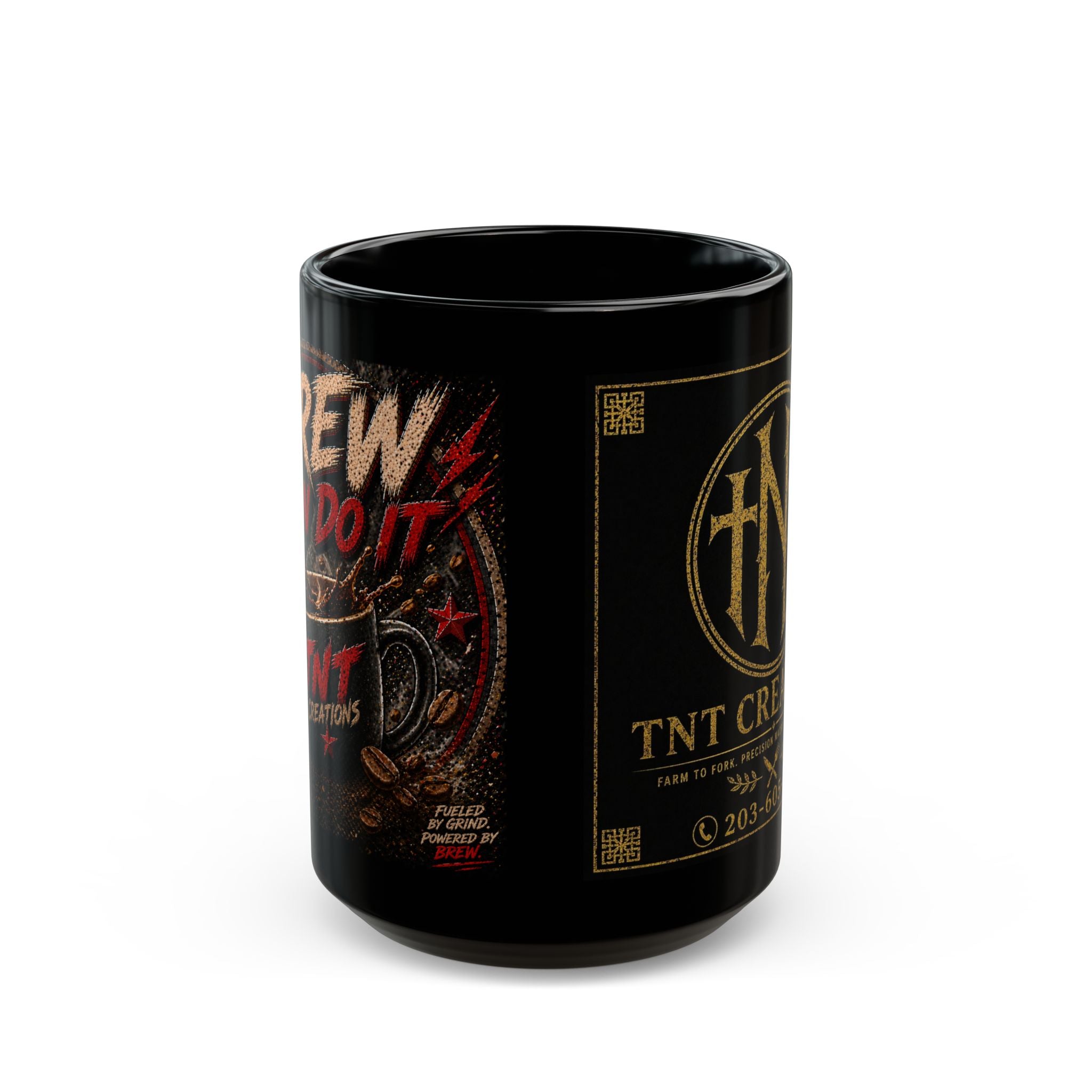 TNT Creations Black Coffee Mug — Gold Logo 11oz/15oz