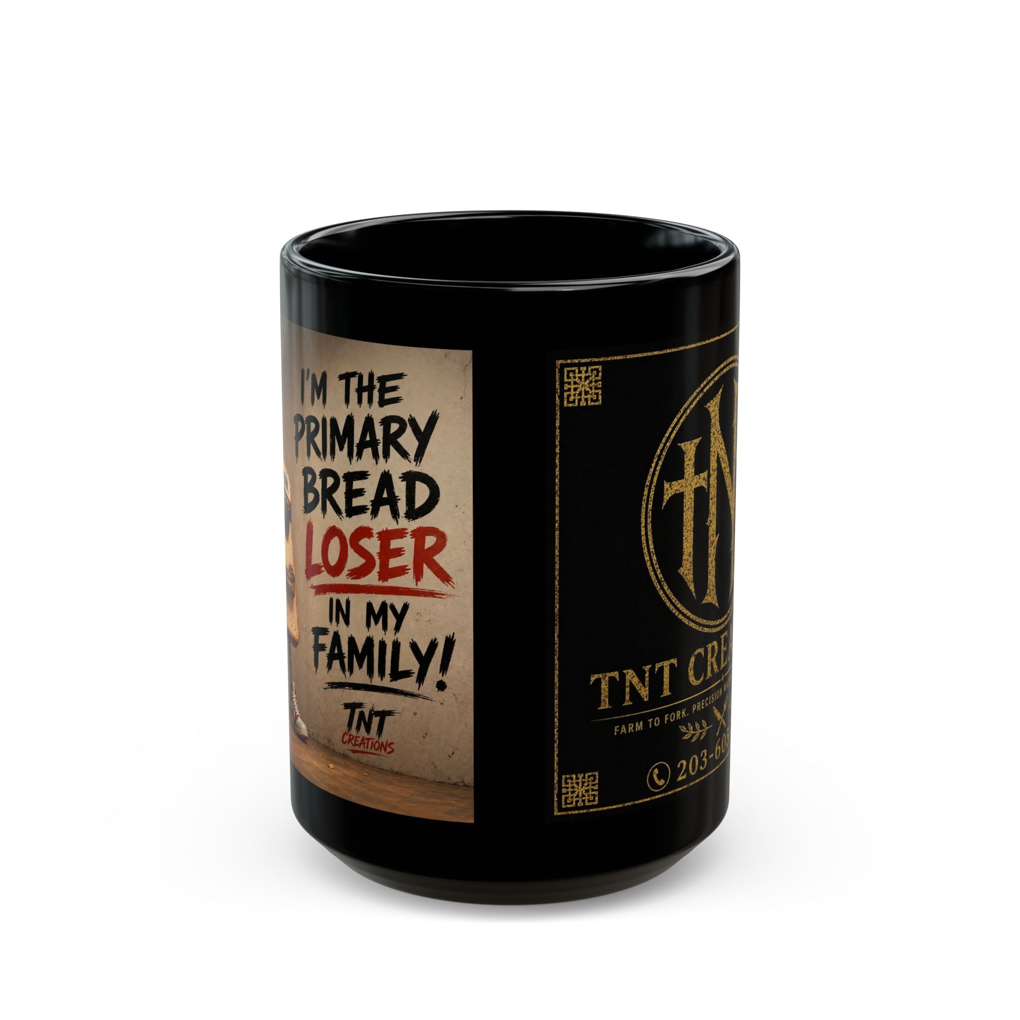 Black Ceramic Mug — "I'm the Primary Bread Loser in My Family" Funny Coffee Cup with Gold TNT Creations Logo
