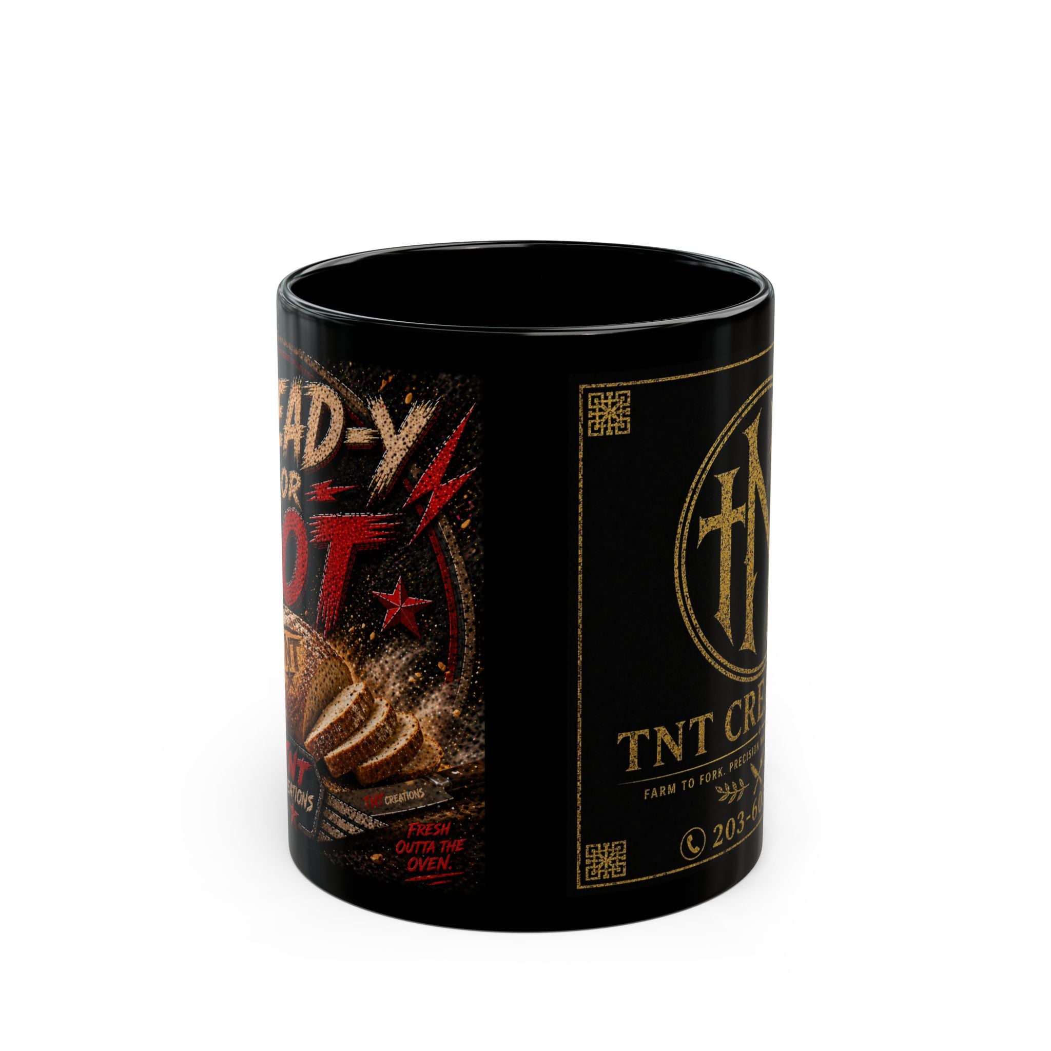 TNT Creations Black Ceramic Mug — Gold Logo Coffee Cup (11oz/15oz)