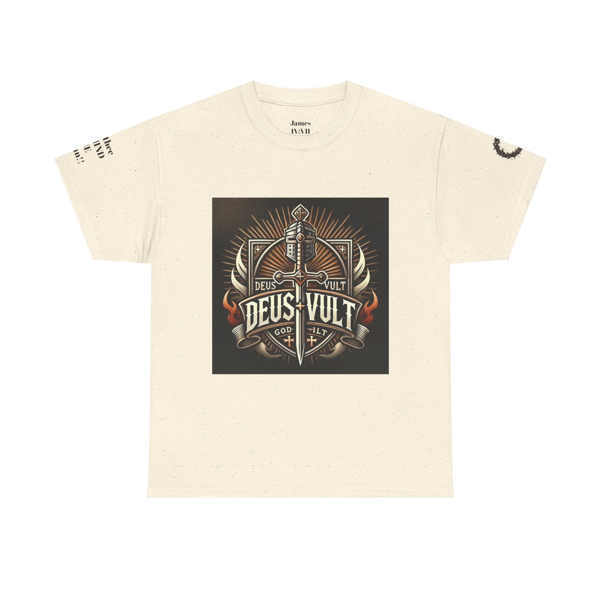 Deus Vult Sword T‑Shirt — Crusader Vintage Shield Design