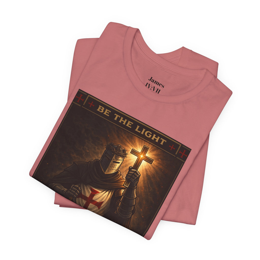 Christian Knight T-Shirt — "Be the Light" Crusader Graphic Tee (Don't Try Me Satan)