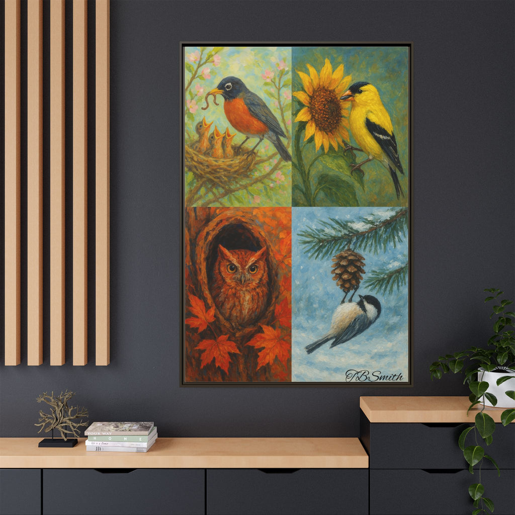 Framed Bird Trio Matte Canvas Art – Spring & Autumn Songbirds