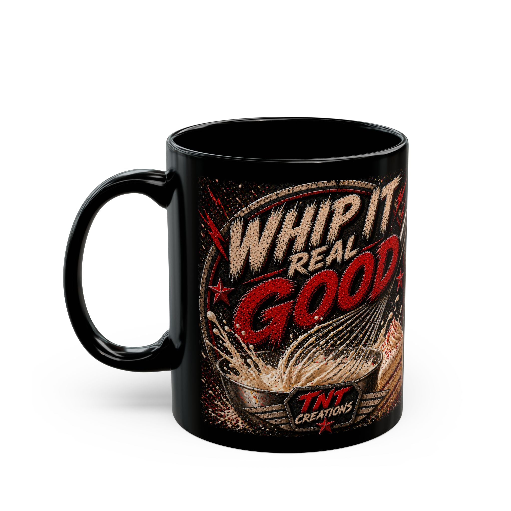TNT Creations Black Coffee Mug – Retro Rock Badge Design (11oz/15oz)