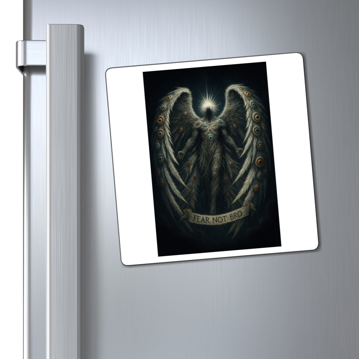 Angel Wings ‘Fear Not Bro’ Decorative Magnet — Dark Fantasy Refrigerator Art