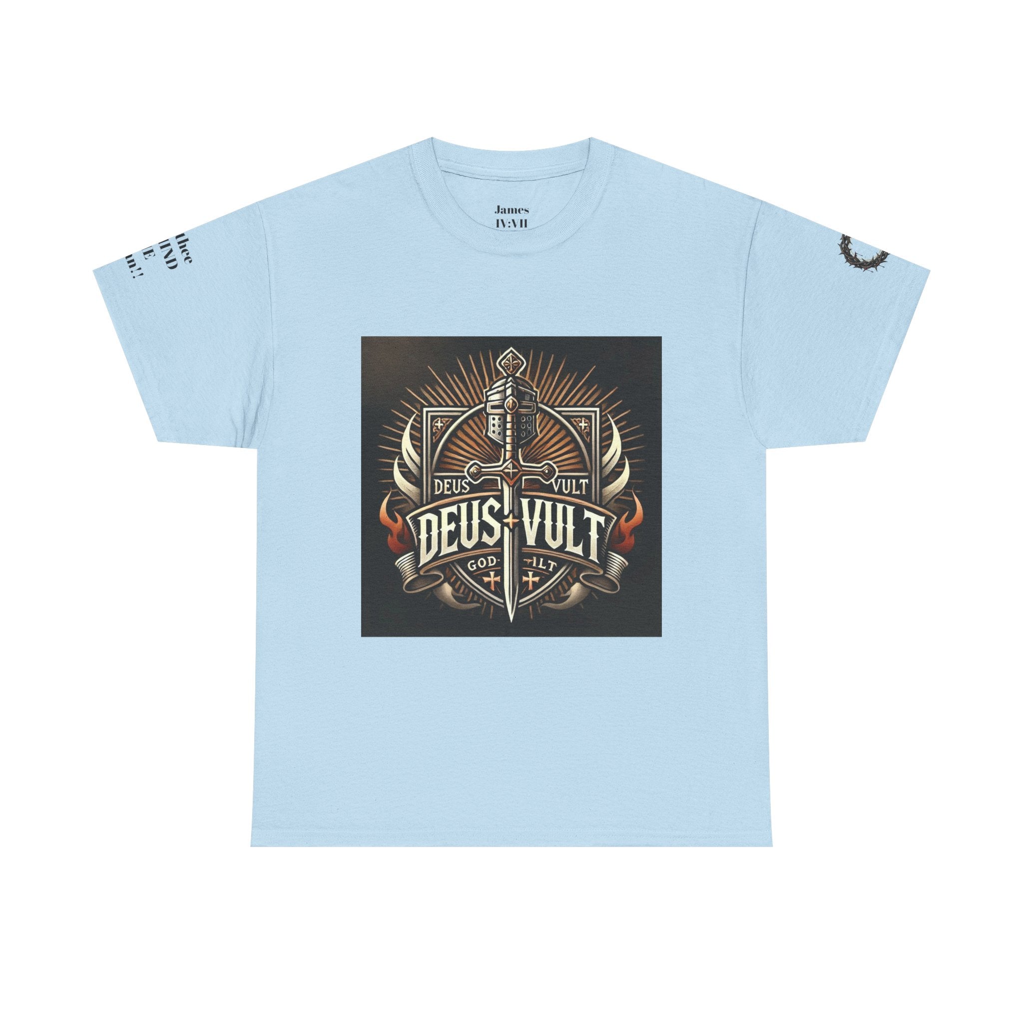 Deus Vult Sword T‑Shirt — Crusader Vintage Shield Design