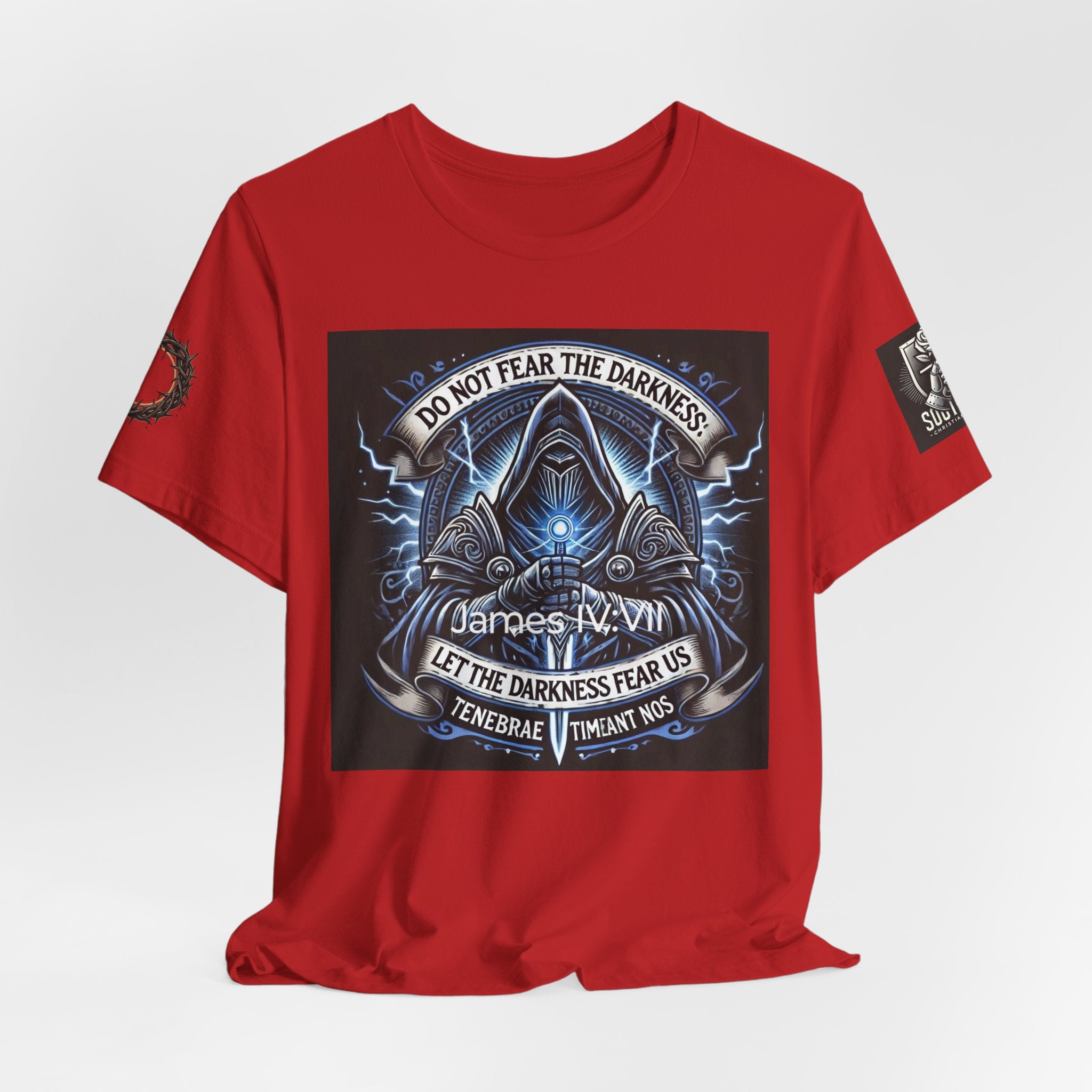 Do Not Fear the Darkness Graphic Tee — 'James IV:VII' Hooded Figure Shirt