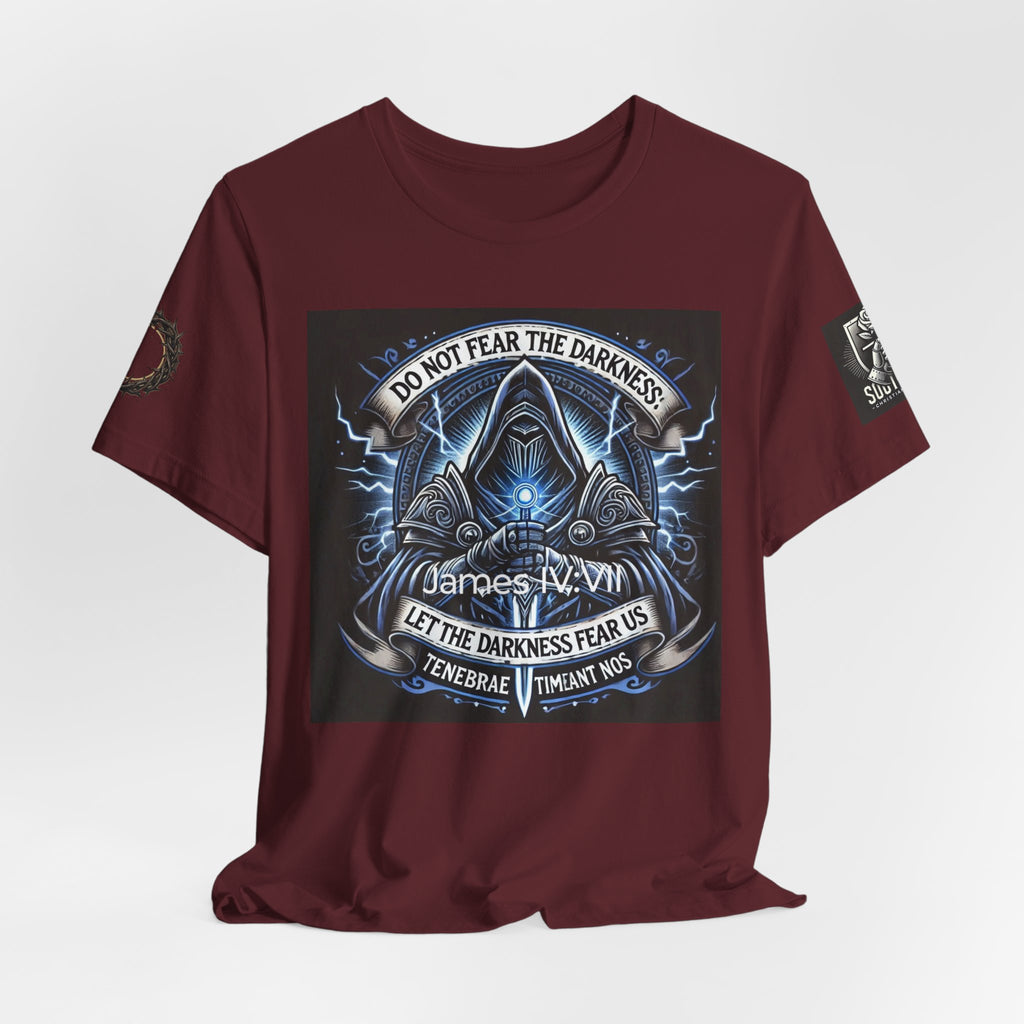 Do Not Fear the Darkness Graphic Tee — 'James IV:VII' Hooded Figure Shirt