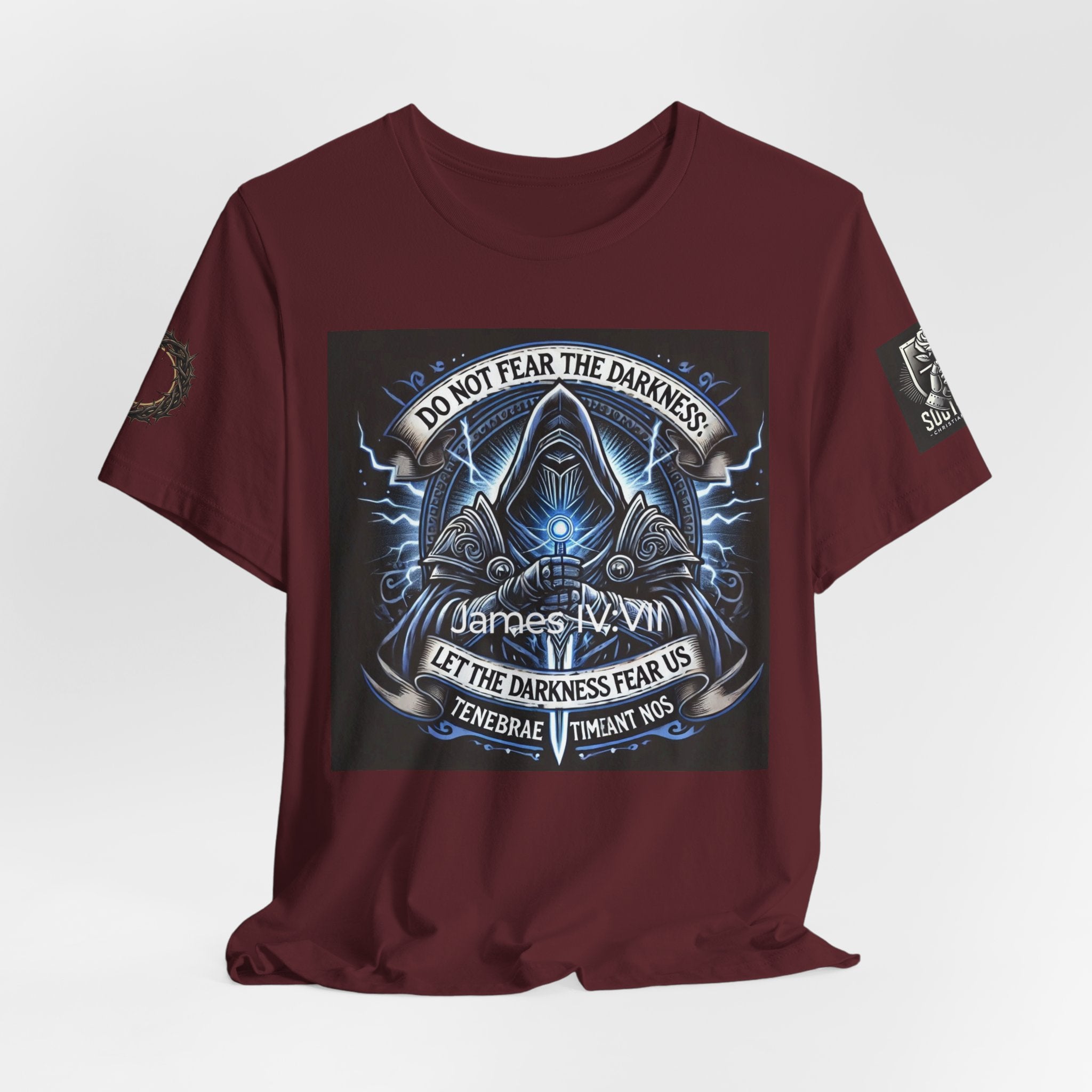 Do Not Fear the Darkness Graphic Tee — 'James IV:VII' Hooded Figure Shirt