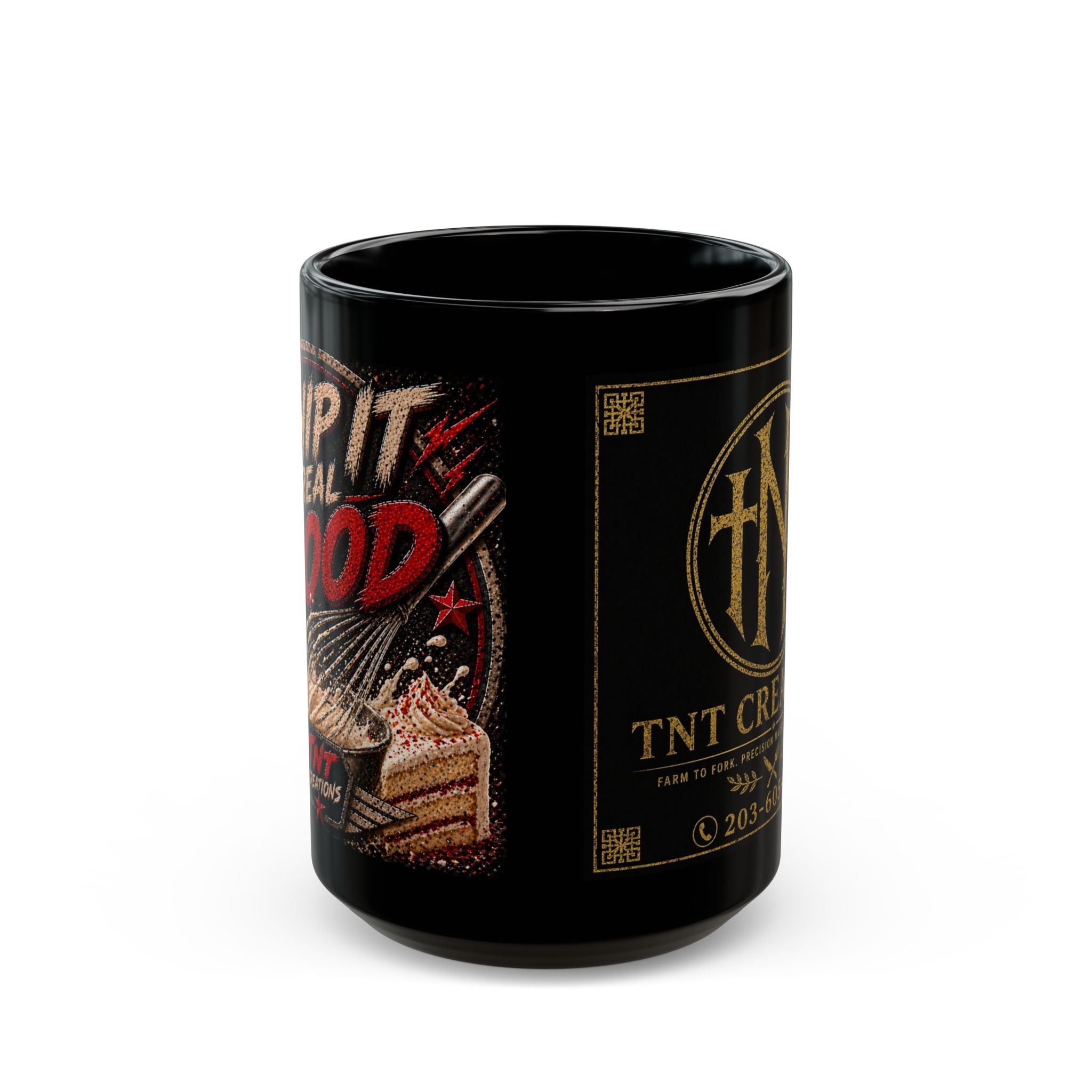 TNT Creations Black Coffee Mug – Retro Rock Badge Design (11oz/15oz)
