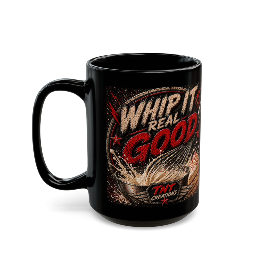 TNT Creations Black Coffee Mug – Retro Rock Badge Design (11oz/15oz)