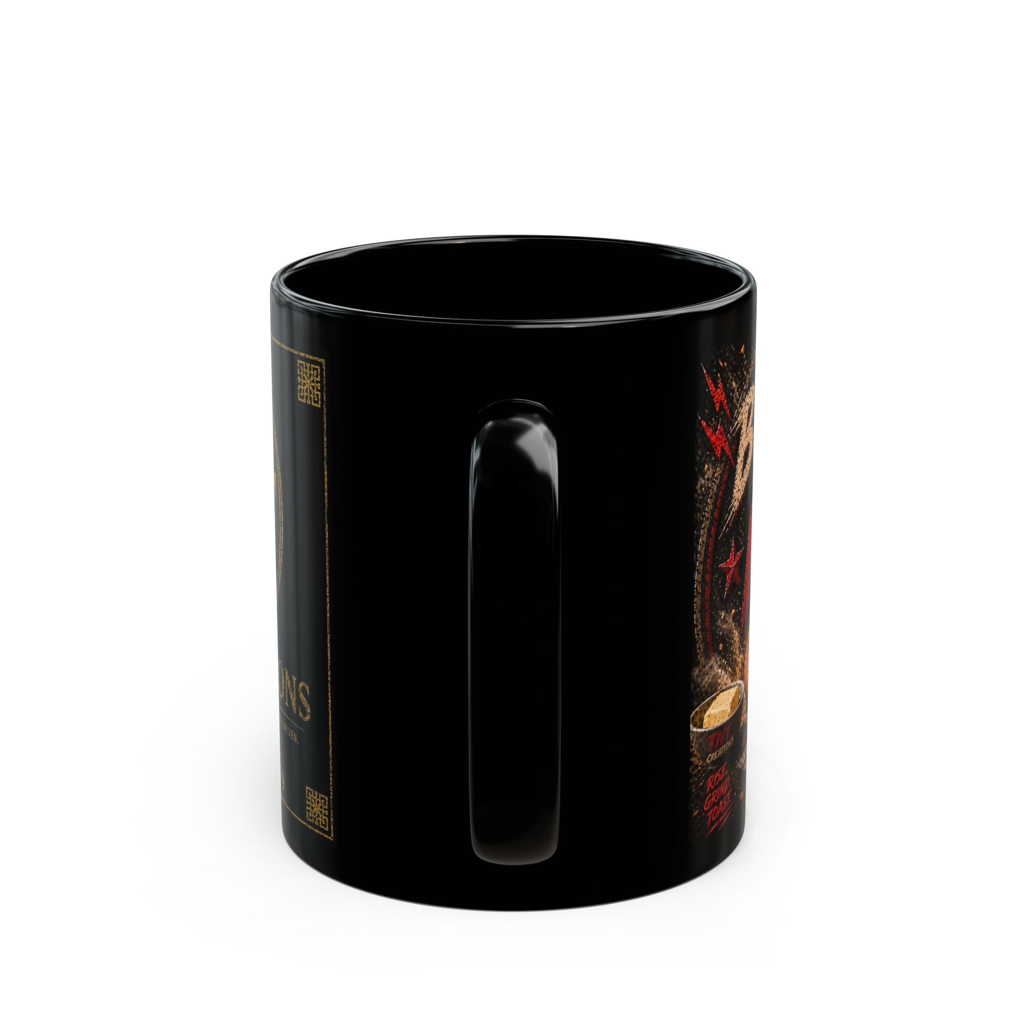 TNT Creations Black Ceramic Mug — Gold Logo Coffee Cup (11oz/15oz)