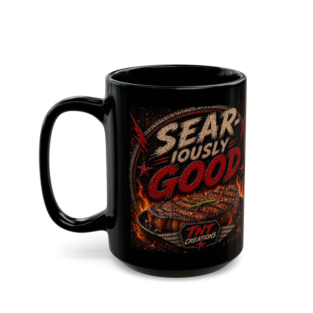 Black Ceramic Mug — TNT Creations Logo & Horror Flame Design (11oz, 15oz)