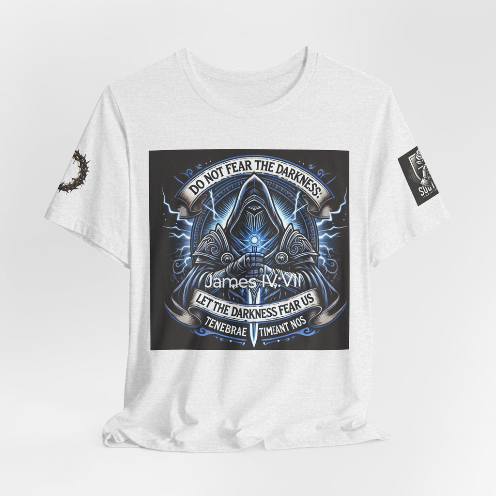 Do Not Fear the Darkness Graphic Tee — 'James IV:VII' Hooded Figure Shirt