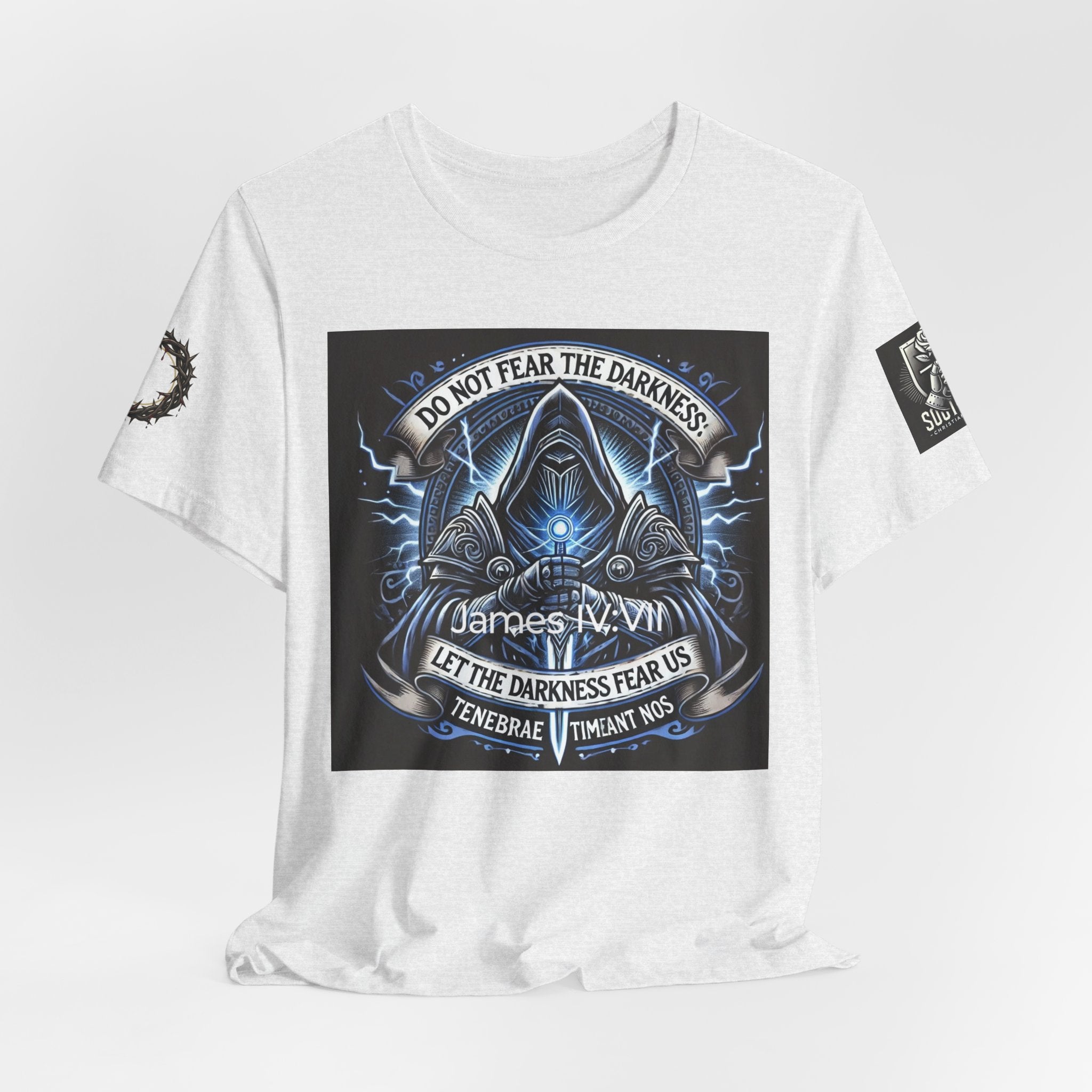 Do Not Fear the Darkness Graphic Tee — 'James IV:VII' Hooded Figure Shirt