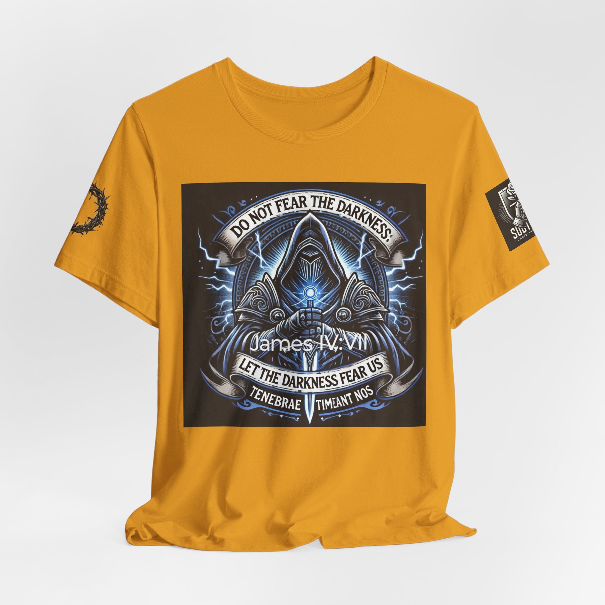 Do Not Fear the Darkness Graphic Tee — 'James IV:VII' Hooded Figure Shirt