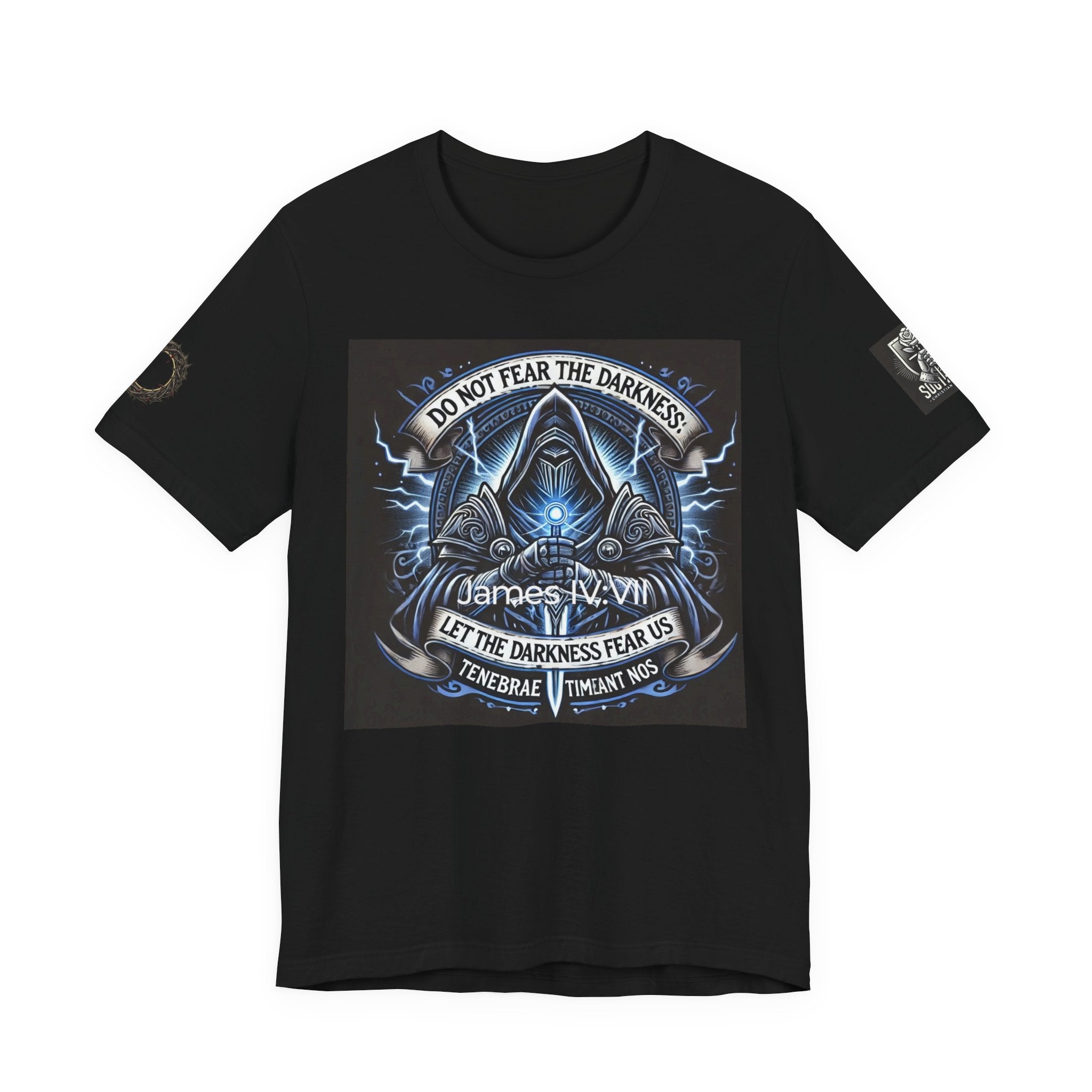Do Not Fear the Darkness Graphic Tee — 'James IV:VII' Hooded Figure Shirt