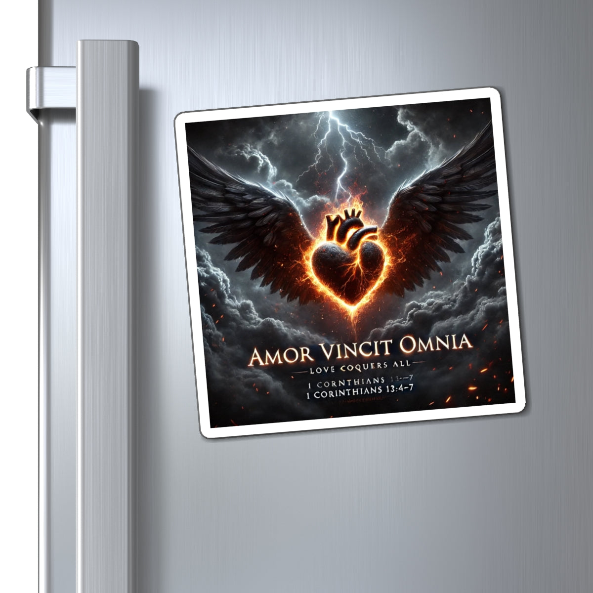 Amor Vincit Omnia Heart & Wings Magnet — 'Love Conquers All' Inspirational Bible Verse 1 Corinthians 13:4-7