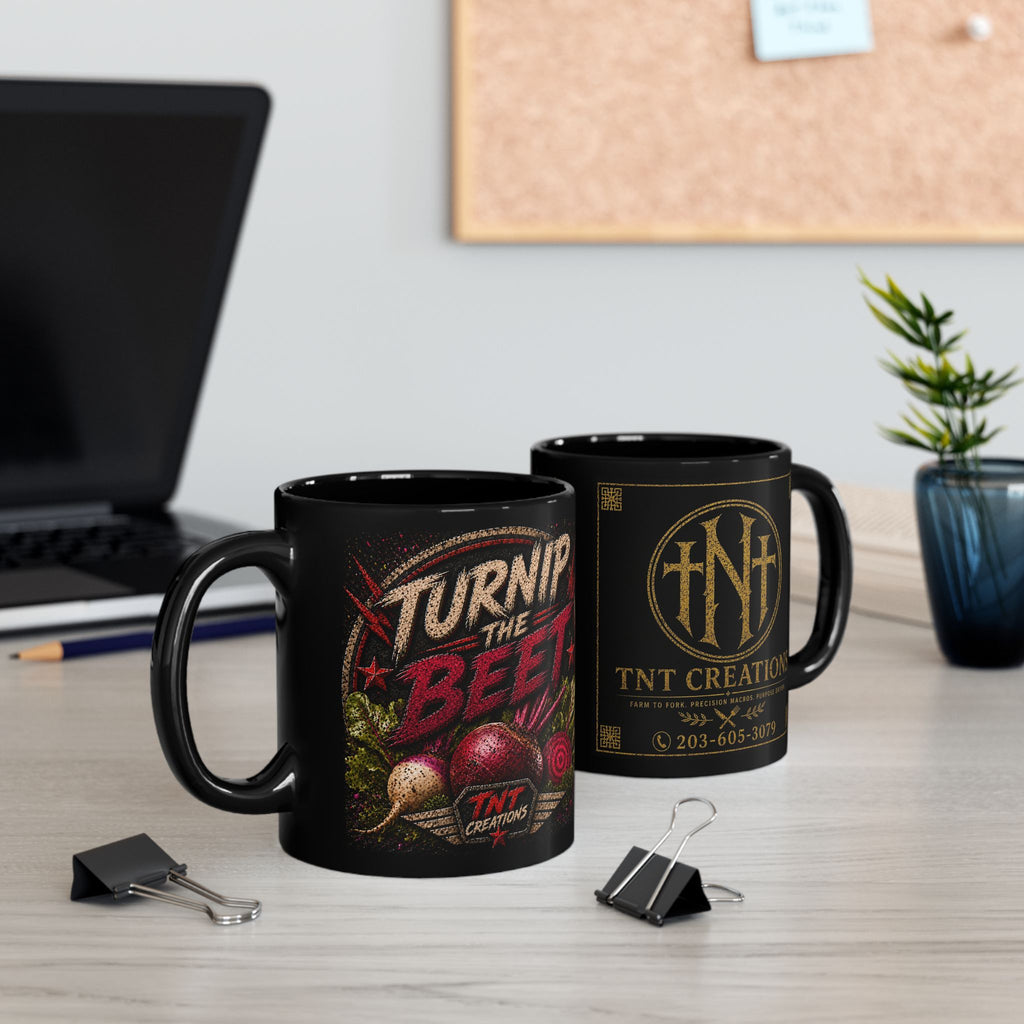TNT Creations Black Ceramic Mug — Gothic Logo & Dark Floral Design (11oz/15oz)