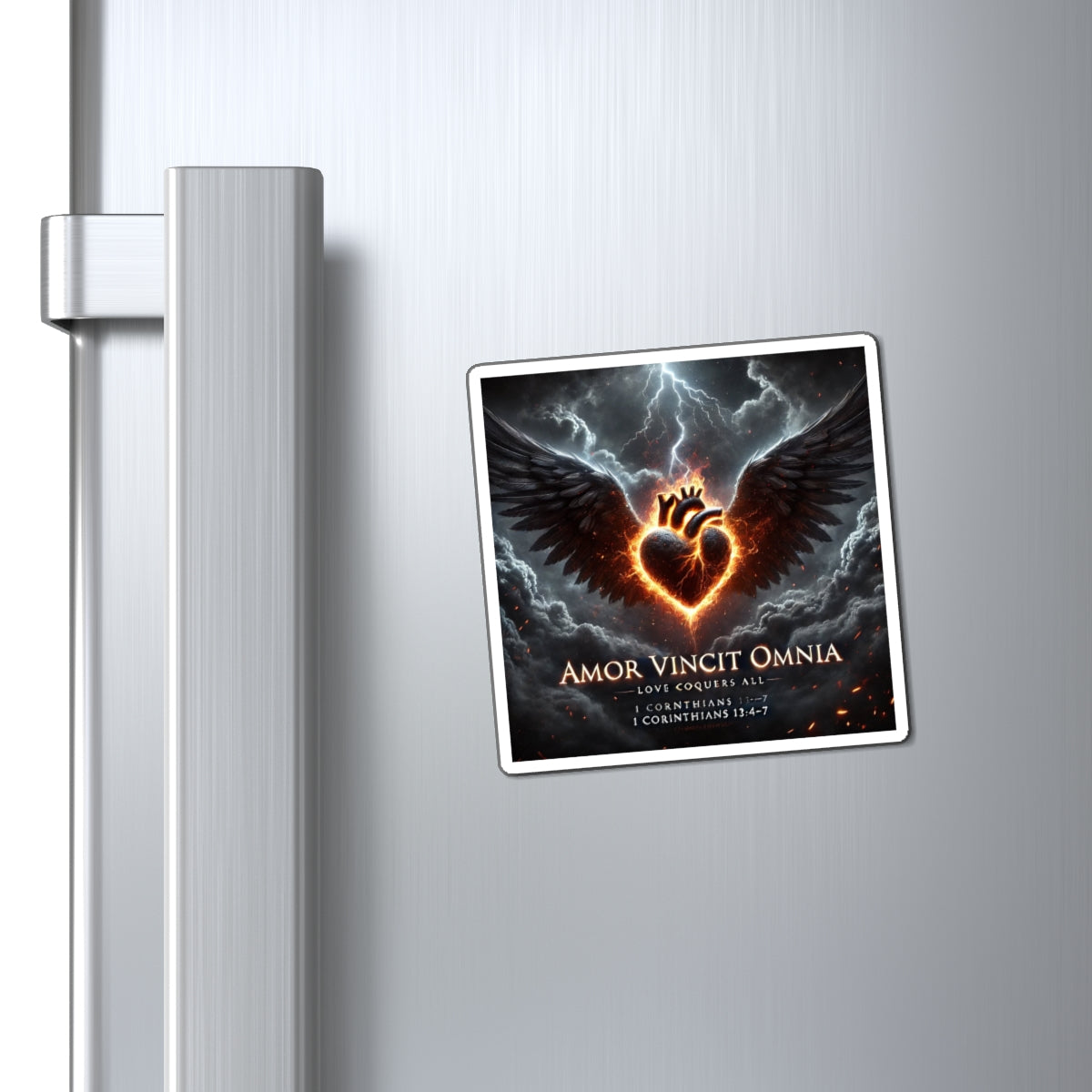 Amor Vincit Omnia Heart & Wings Magnet — 'Love Conquers All' Inspirational Bible Verse 1 Corinthians 13:4-7